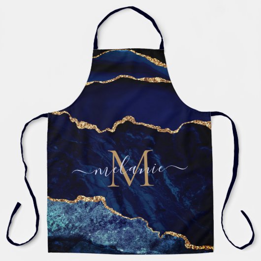 Tablier Agate Marine Blue Gold Geode Monogramme Nom Apron (Recto)