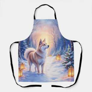 Tablier Akita paisible sur le chemin des lanternes de neig