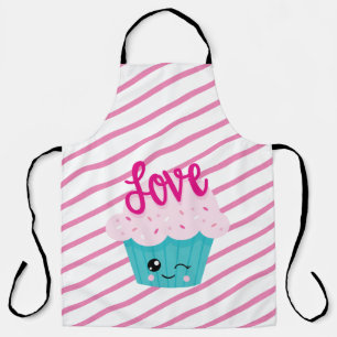 Tablier Amour de Cupcake Kawaii Rose Rayure Sarcelle Migno