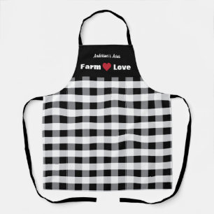 Tablier Amour de la ferme à personnaliser carreaux noir bl