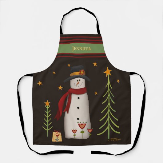 Tablier Amusants Folk Snowman Whimsical Noël Inspirivée (Recto)