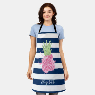Tablier Ananas Aquarelle Tropical ,Rayures Bleu Marine