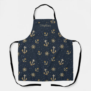Tablier Ancre d'or nautique et Motif Helm sur bleu
