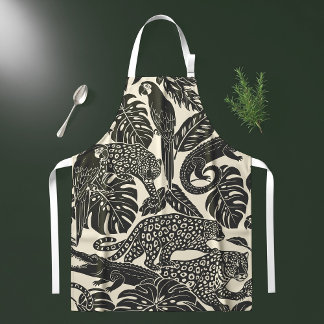 Tablier Animaux de la jungle tropicale en noir et crème gr