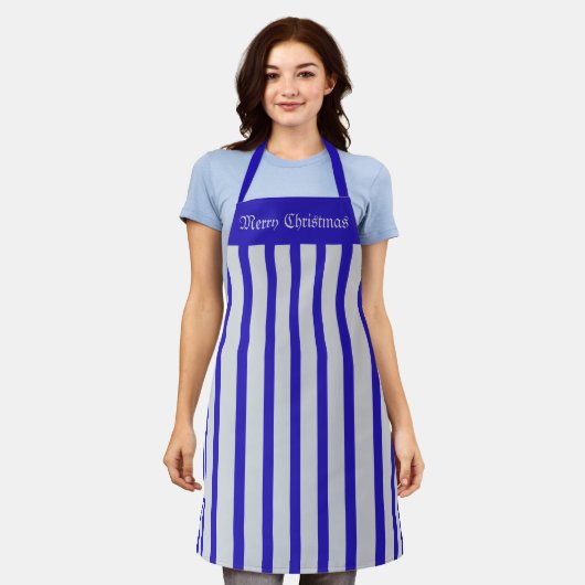 Tablier Apron Café Bleu et Argent en bande Joyeux Noël (Porté)