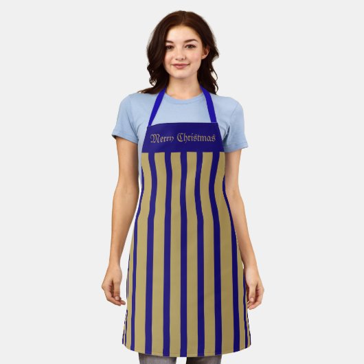 Tablier Apron Cafe Bleu et Gold Stripe Joyeux Noël (Porté)