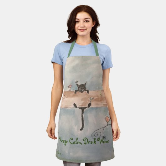 Tablier Apron Chat, Restez Calme Boire Vin (Porté)