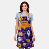 Tablier Apron d'Halloween violet avec Citrouilles, Fantôme (Porté)