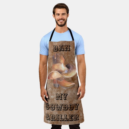 Tablier Apron Gros Cowboy's Boot & Casquette sur Paint Gri (Porté)