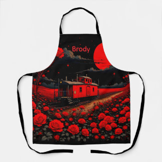 Tablier Apron with Train Box Car and Roses 