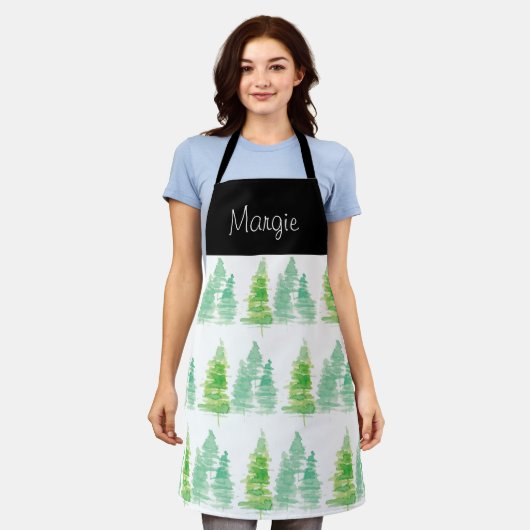 Tablier Aquarelle Arbre de Noël Pine Doodle Art Apron (Porté)
