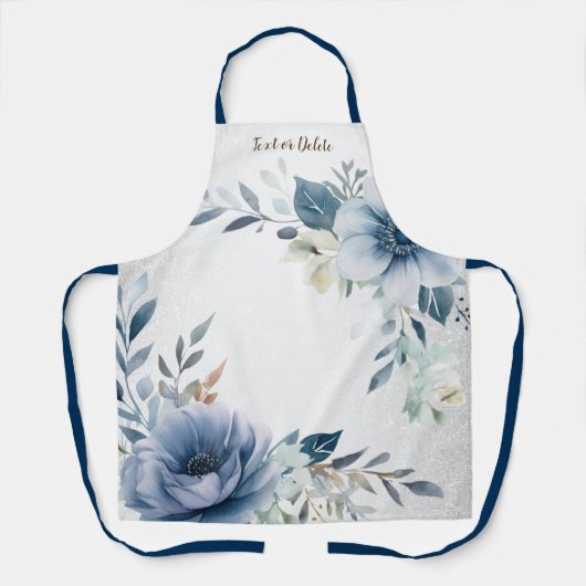 Tablier Aquarelle bleu foncé Fleurs Argent Élégant (Recto)