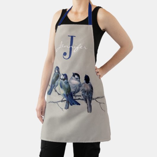 Tablier Aquarelle Bleu Gris Oiseaux Monogramme Nom personn (Insitu)
