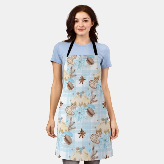 Tablier Aquarelle Bleu Plaid Cookies de Noël & Pudding (Porté)