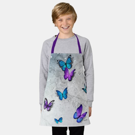 Tablier Aquarelle bleu violet 3D Nom du papillon Monogramm (Porté)