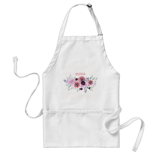 Tablier Aquarelle bordeaux fleurs roses (Devant)