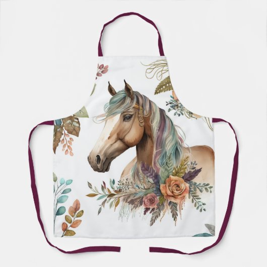 Tablier Aquarelle cheval boho fleurs automne moy pays (Recto)