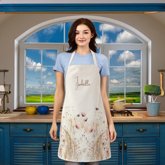 Tablier Aquarelle crème beige fleur sauvage rose boho