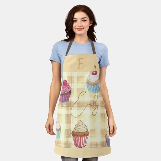 Tablier Aquarelle Cupcake Jaune Plaid Monogramme Baker (Porté)