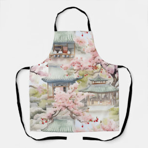 Tablier Aquarelle de la pagode asiatique au milieu des fle