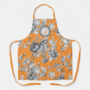 Tablier Aquarelle Fleurs Monogramme Orange Apron
