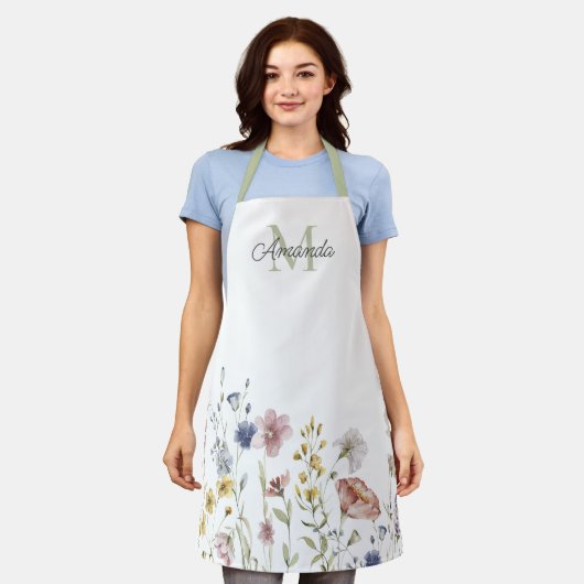 Tablier Aquarelle Fleurs sauvages Boho élégant avec Monogr (Porté)