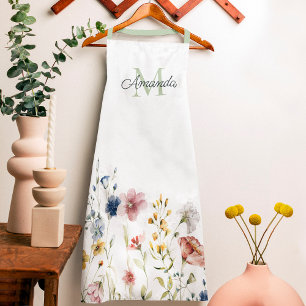 Tablier Aquarelle Fleurs sauvages Boho élégant avec Monogr