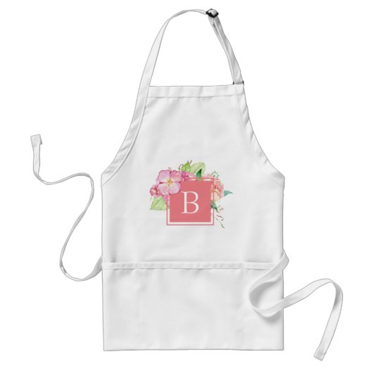 Tablier Aquarelle Floral Monogramme initial Rose Girl (Devant)