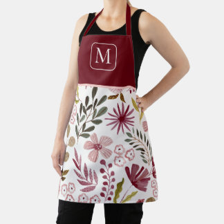 Tablier Aquarelle Florale Bourgogne & Rose Monogrammée