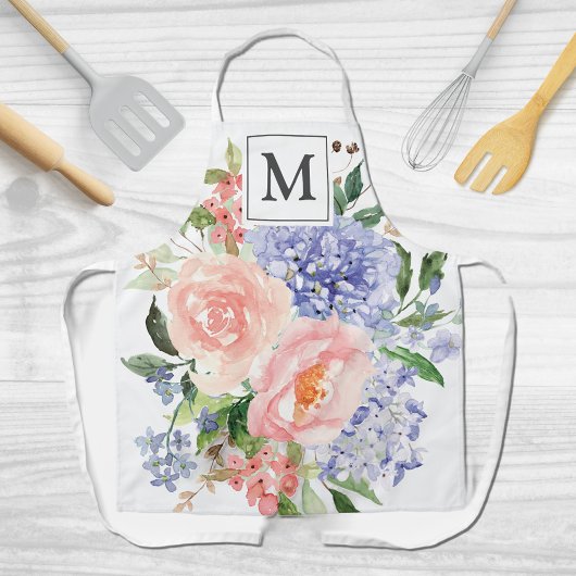 Tablier Aquarelle monogramme bleu rose printemps floral