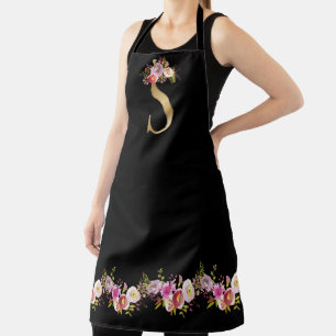 Tablier Aquarelle noire rose Floral Tone or Monogramme S