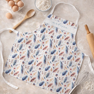 Tablier Aquarelle Nom Bohème Plume Floral Personnalisé