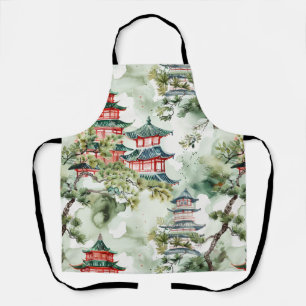 Tablier Aquarelle Pagode asiatique dans paysage verdoyant