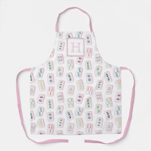 Tablier Aquarelle rose et vert Mahjong Tiles Monogramme (Recto)