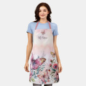 Tablier Aquarelle rose moderne Papillon Fleur sauvage (Porté)