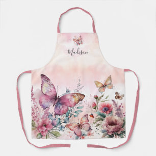 Tablier Aquarelle rose moderne Papillon Fleur sauvage