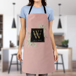 Tablier Aquarelle rose pâle Vert Noir Or Monogramme<br><div class="desc">Elégante aquarelle verdure feuille monogramme nom apron avec un monogramme d'or initial sur un arrière - plan rose vif avec votre nom ensemble de typographie blanche moderne. Conçu par Thisisnotme©</div>