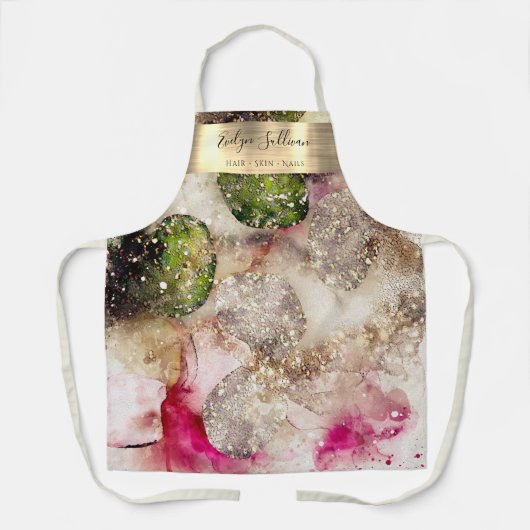 Tablier Aquarelle rose vert parties scintillant profession (Recto)