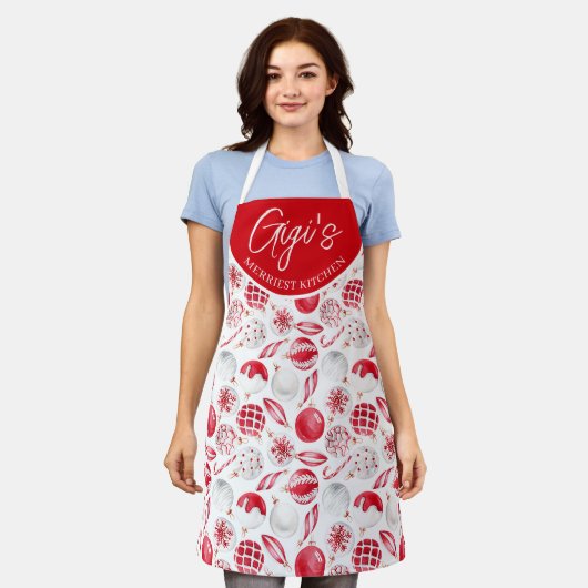 Tablier Aquarelle Rouge Blanc Baubles Gigi Cadeau Noël (Porté)