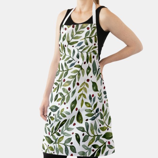 Tablier Aquarelle verte branches saisonnières et baies (Insitu)