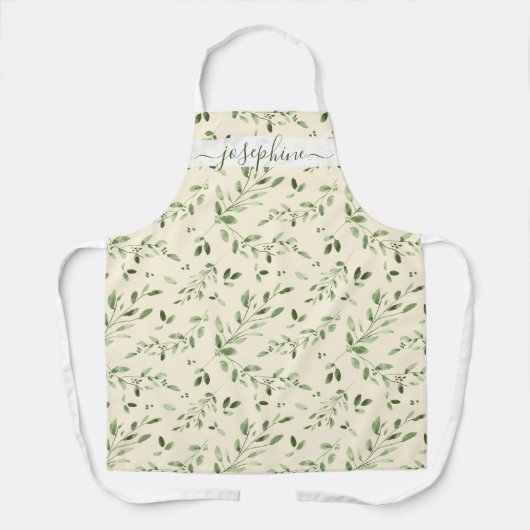 Tablier Aquarelle verte feuilles boho jaune (Recto)