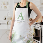 Tablier Aquarelle verte initiale personnalisée<br><div class="desc">Tablier de cuisine à pâtisserie sur mesure avec un élégant feuillage botancien vert et or,  votre initiale,  votre nom et un devis personnalisé.</div>