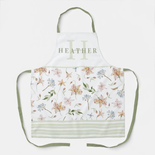 Tablier Aquarelle verte Sage Ressort Floral Monogramme (Recto)