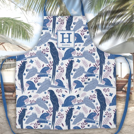 Tablier Ara Parrot Blue Tropical Leaf Motif Monogramme avr