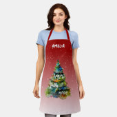Tablier Arbre de Noël Aquarelle Joyeux Jolly Joyeux Rouge (Porté)