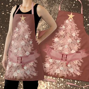 Tablier Arbre de Noël rose rose Monogramme or Aquarelle