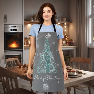 Tablier Arbre de Noël turquoise et flocon de neige