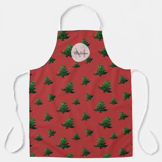 Tablier Arbre de Noël vert vert motif rouge Monogramme (Recto)