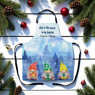 Tablier Arbres de Noël bleu hiver Gnomes
