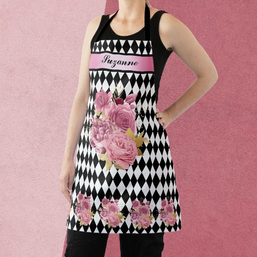 Tablier Arlequin noir blanc avec fleur rose et nom